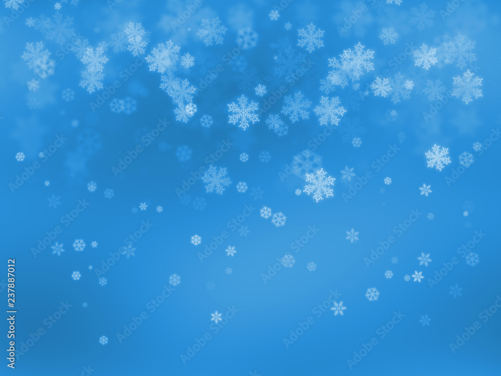 Snow flakes  (various big and small size) falls from above on blue gradient background. For Christmas, new year celebration, poster, banner, card, gift wrap