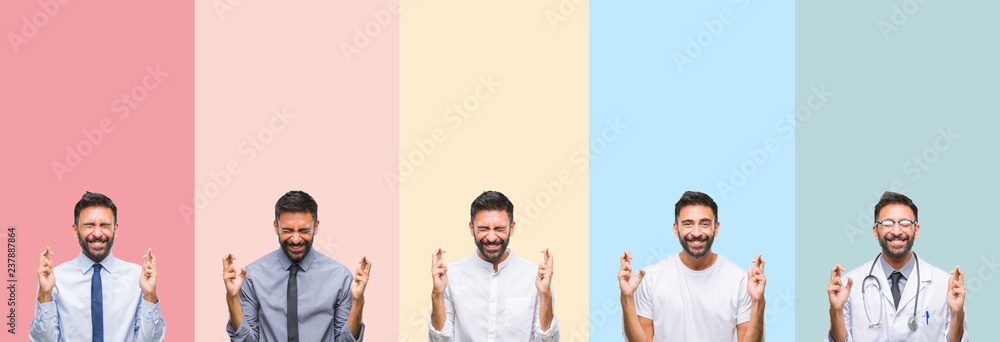 Fototapeta premium Collage of handsome man over colorful stripes isolated background smiling crossing fingers with hope and eyes closed. Luck and superstitious concept.