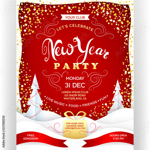 Poster for New Year party. Invitation flyer with paper cut effect details.
