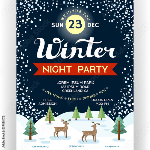 Poster for winter night party. Invitation flyer with winter landscape, reindeers and snowfall.