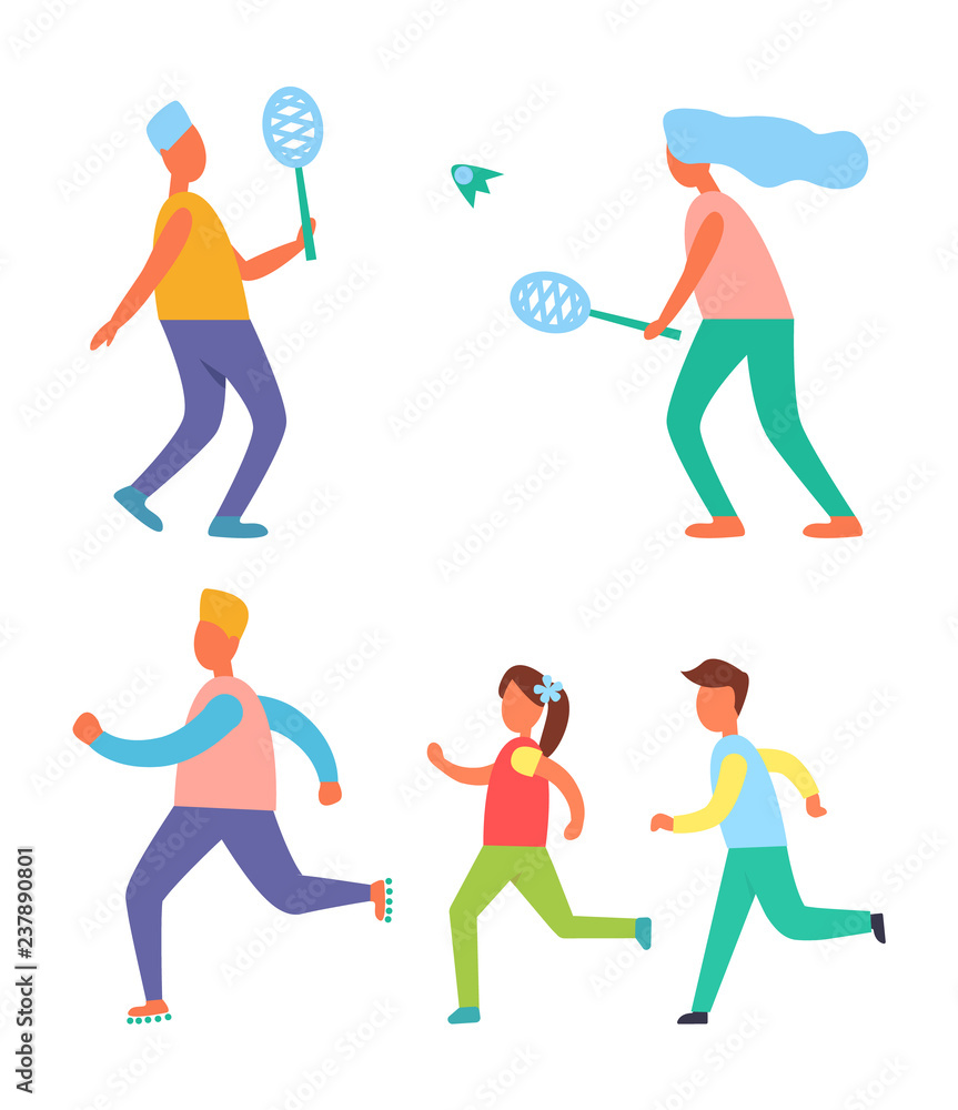 Badminton and Jogging Hobby Vector Illustration