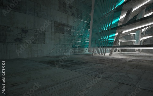 Empty dark abstract concrete room interior with blue glass. Architectural background. Night view of the illuminated. 3D illustration and rendering