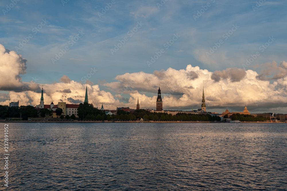 Riga city, capital of Latvia panoramic view with river Daugava and cable bridge