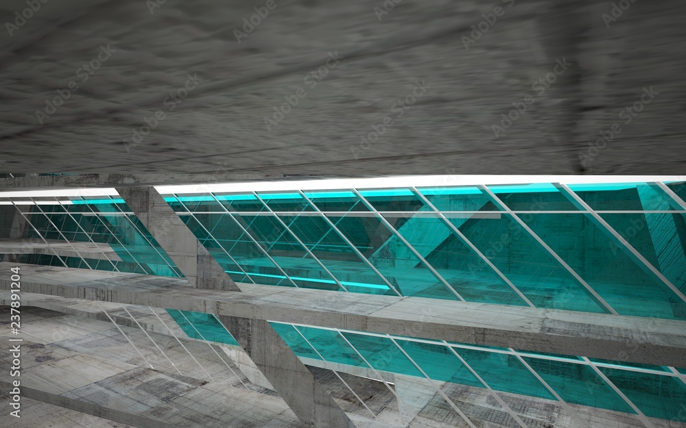 Fototapeta premium Empty dark abstract concrete room interior with blue glass. Architectural background. Night view of the illuminated. 3D illustration and rendering