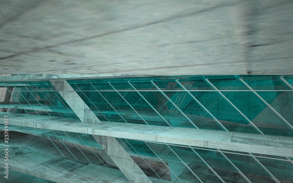 Fototapeta premium Abstract interior of blue glass and concrete. Architectural background. 3D illustration and rendering 