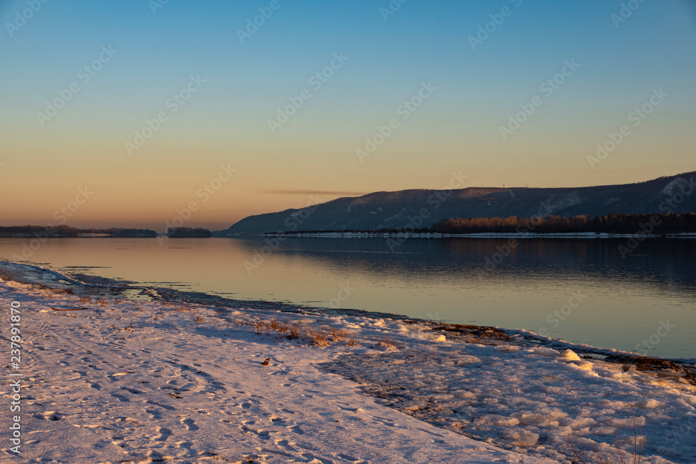 mountains, river, ice, shore, reflections, sunset, evening, sky, nature