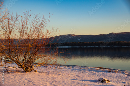 mountains, river, ice, shore, reflections, sunset, evening, sky, nature, tree