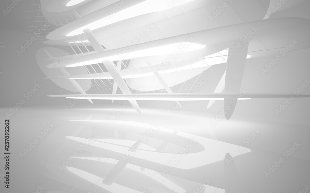 Abstract smooth white interior of the future. Night view from the backlight. Architectural background. 3D illustration and rendering 