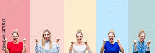 Collage of beautiful blonde woman over colorful stripes isolated background celebrating surprised and amazed for success with arms raised and open eyes. Winner concept.