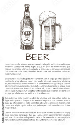 Beer Bottle and Glass Mug with Foam Vector Poster
