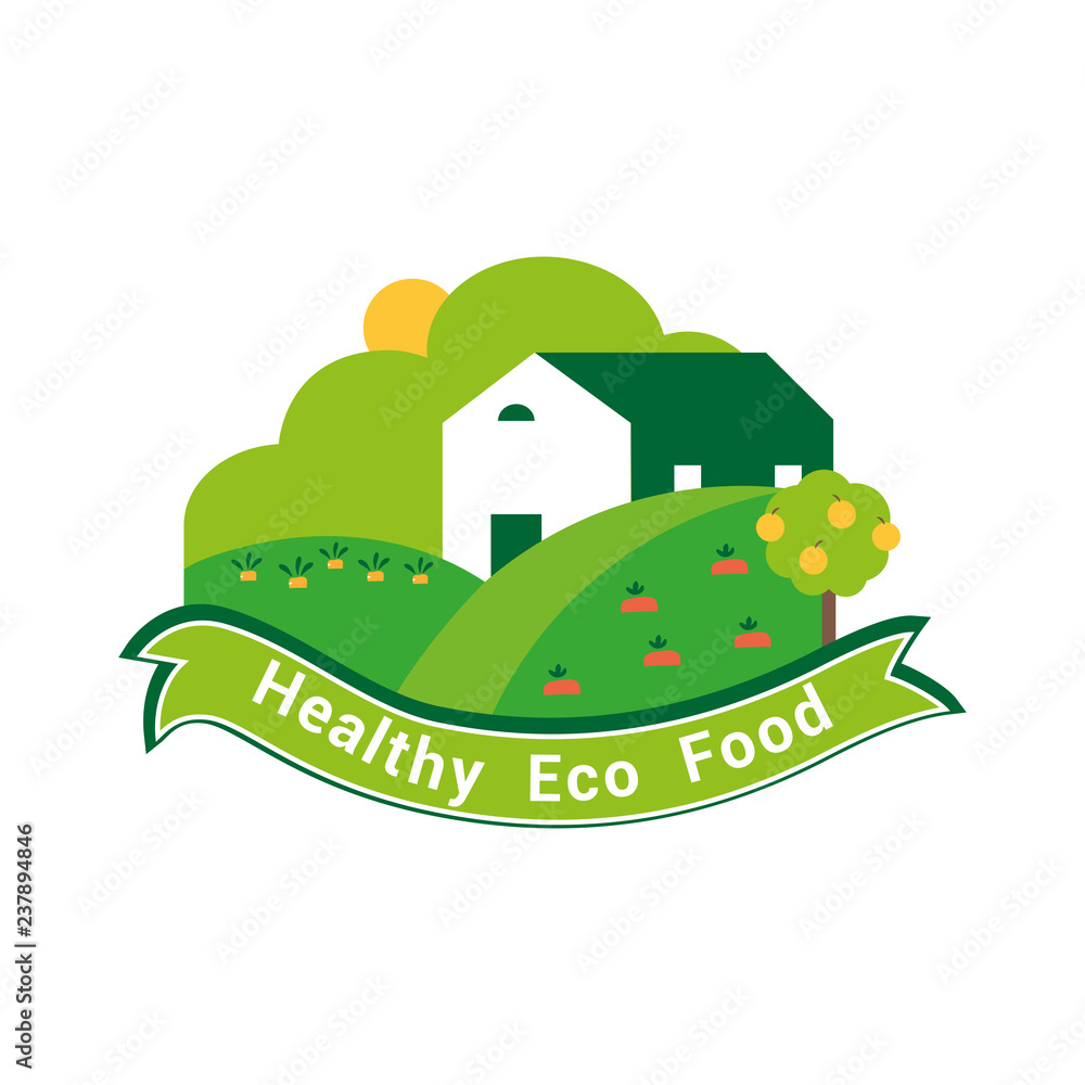 Vector logo template for healthy eco food. lllustration of farm with fields growing on them carrots, beets, tree with oranges. Vegan icon. Can be used for vegetarian cafe, store or shop. EPS10.