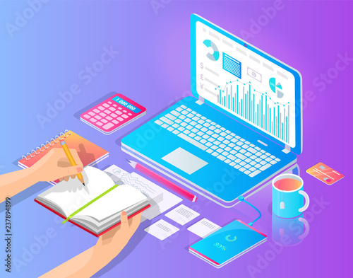 Workplace with Laptop and Useful Stuff on Desktop