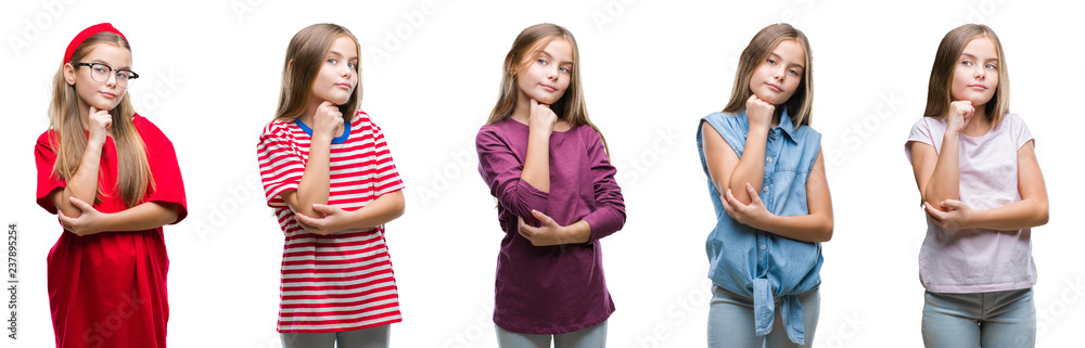 Collage of young beautiful little girl kid over isolated background with hand on chin thinking about question, pensive expression. Smiling with thoughtful face. Doubt concept. Collage of young beautiful little girl kid over isolated background with hand on chin thinking about question, pensive expression. Smiling with thoughtful face. Doubt concept.