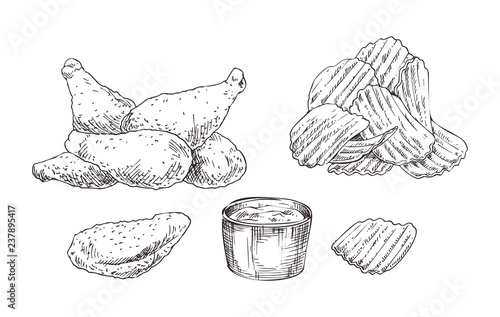 Chicken Nuggets and Chips Sketch Style Icon Set photo