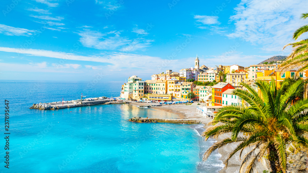 View of Bogliasco. Bogliasco is a ancient fishing village in Italy, Genoa, Liguria. Mediterranean Sea, sandy beach and architecture of Bogliasco town.