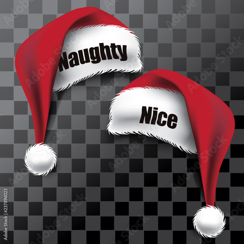 Illustrated naughty and nice Santa Claus hats with transparent shadow perfect for photo booth or family Christmas card. Eps10 vector.