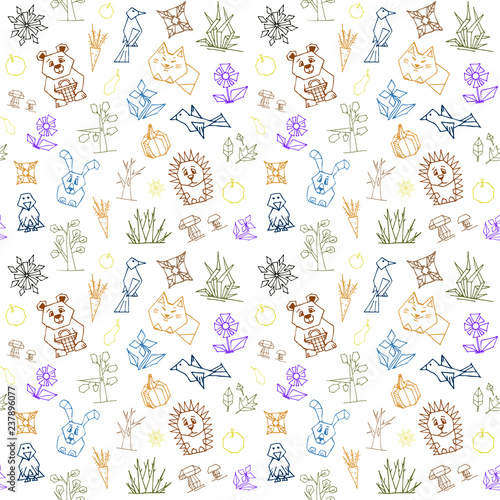seamless pattern with cute forest animals, trees, flowers and birds, multicolor, elements from simple geometric shapes