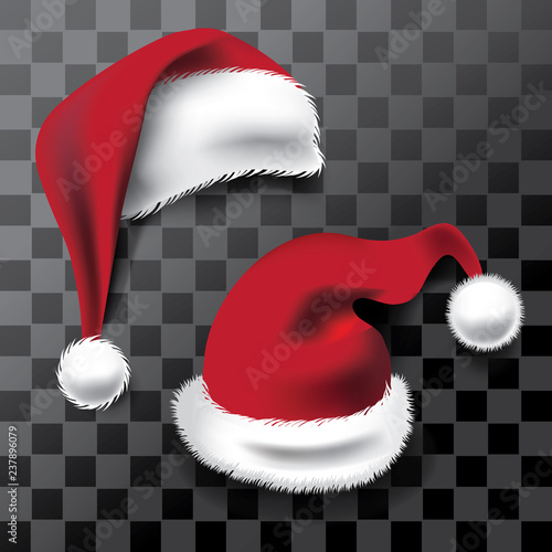 Illustrated Santa Claus hats with transparent shadow perfect for photo booth or family Christmas card. Eps10 vector.