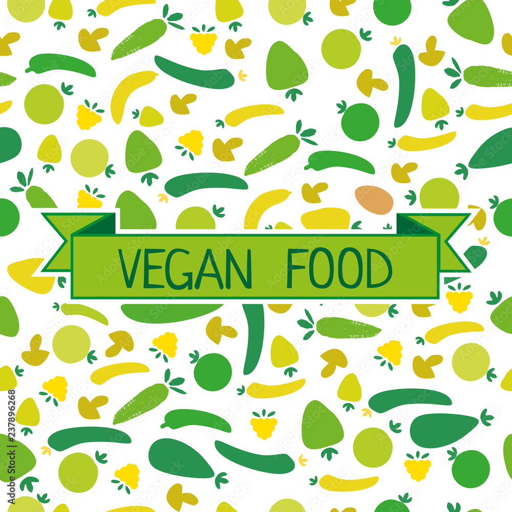 Vector seamless pattern for vegan food. Green vegetables and fruits on white background. Can be used for restaurant or cafe menu, design banners, wrapping paper, print on clothes. EPS10.