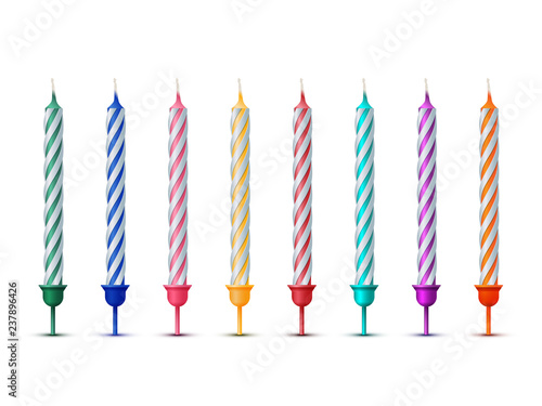Colorful birthday candles isolated on white background. Celebration party design elements.