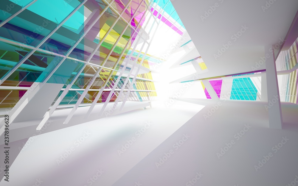Fototapeta premium abstract architectural interior with white sculpture and geometric glass lines. 3D illustration and rendering