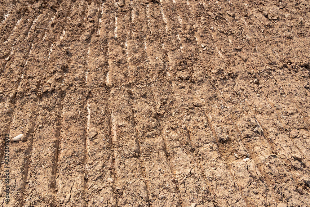 Bulldozer prints in clay soil. Bulldozer prints in clay soil.