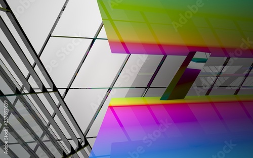 abstract architectural interior with black sculpture with gradient geometric glass lines. 3D illustration and rendering