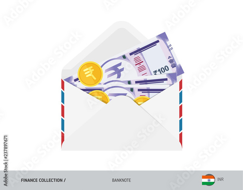100 Indian Rupee Banknote. Flat style opened envelope with cash. Indian Rupee banknotes and coins. Salary payout or corruption concept.
