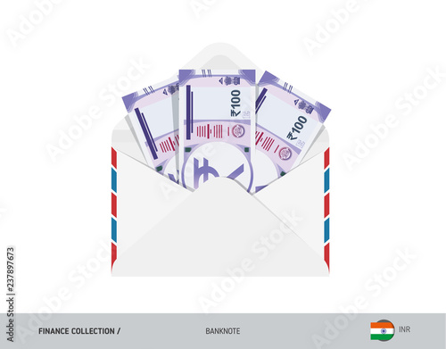 100 Indian Rupee Banknotes in envelope. Flat style opened white envelope with cash. Salary payout or corruption concept.