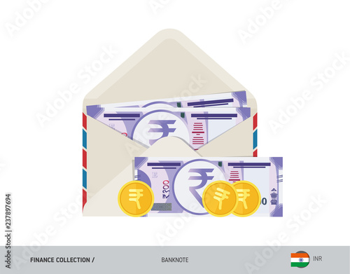 100 Indian Rupee Banknote. Flat style opened envelope with cash. Indian Rupee banknotes and coins. Salary payout or corruption concept.