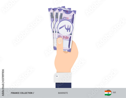 100 Indian Rupee Banknote. Hand gives money. Flat style vector illustration. Salary payout or corruption concept.