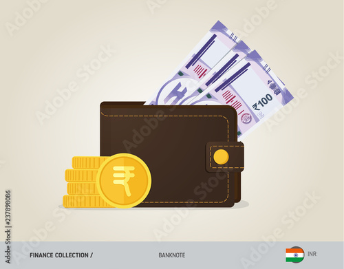 Brown leather wallet with 100 Indian Rupee Banknote and coins. Flat style vector illustration. Business concept.