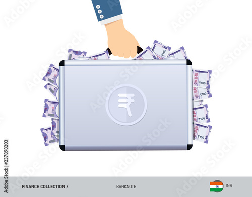 Hand holds a metal case with 100 Indian Rupee Banknotes. Flat style vector illustration. Salary payout or corruption concept.