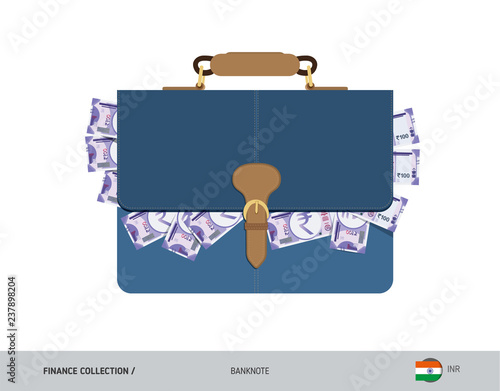 Leather briefcase with 100 Indian Rupee Banknotes. Flat style vector illustration. Salary payout or corruption concept.