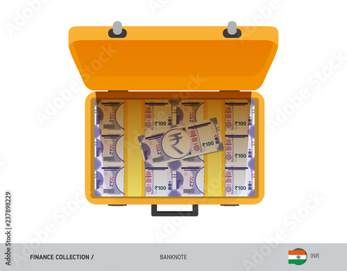Yellow case with 100 Indian Rupee Banknotes. Flat style vector illustration. Salary payout or corruption concept.