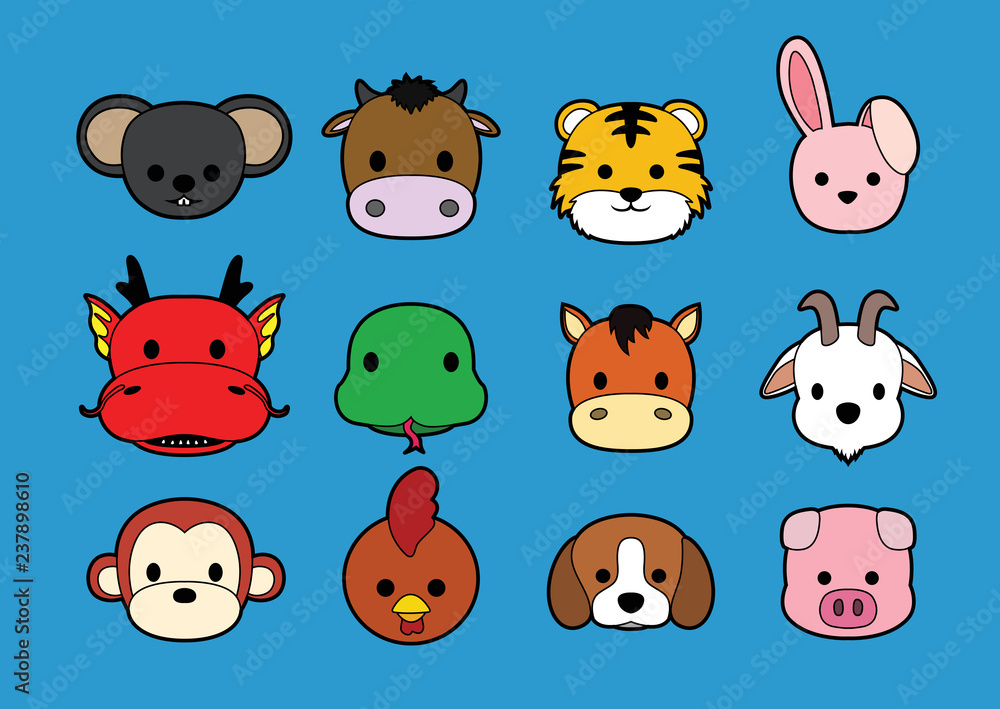 Fototapeta premium Flat Animal Faces Stroke Icon Cartoon (Chinese Zodiac)