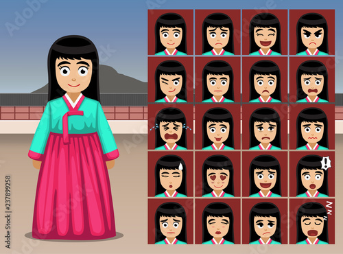 Korean Girl Cartoon Emotion faces Vector Illustration