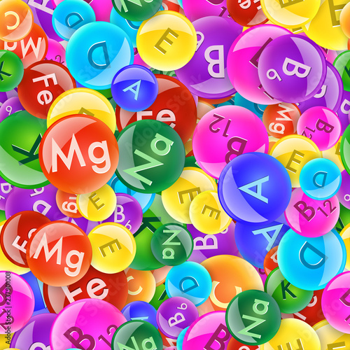 Colorful vitamin balls seamless pattern. Vector pharmacy illustration.