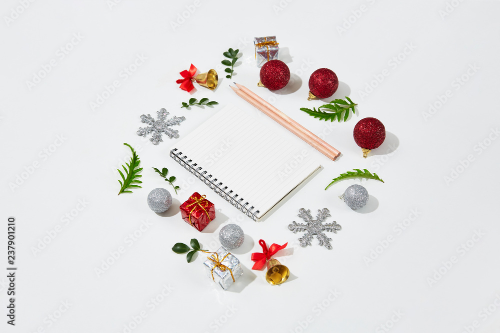 Christmas Decoration with Blank Paper on White Background.Flat Lay,Top View Christmas Decoration with Blank Paper on White Background.Flat Lay,Top View
