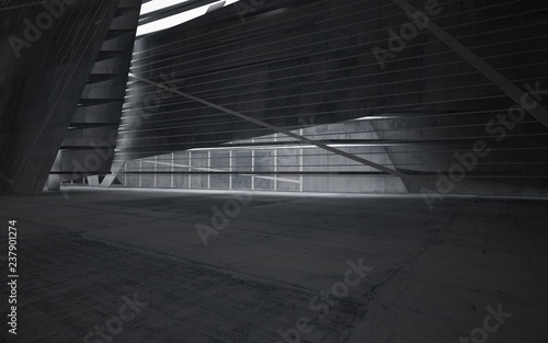 Empty dark abstract concrete room interior. Architectural background. Night view of the illuminated. 3D illustration and rendering