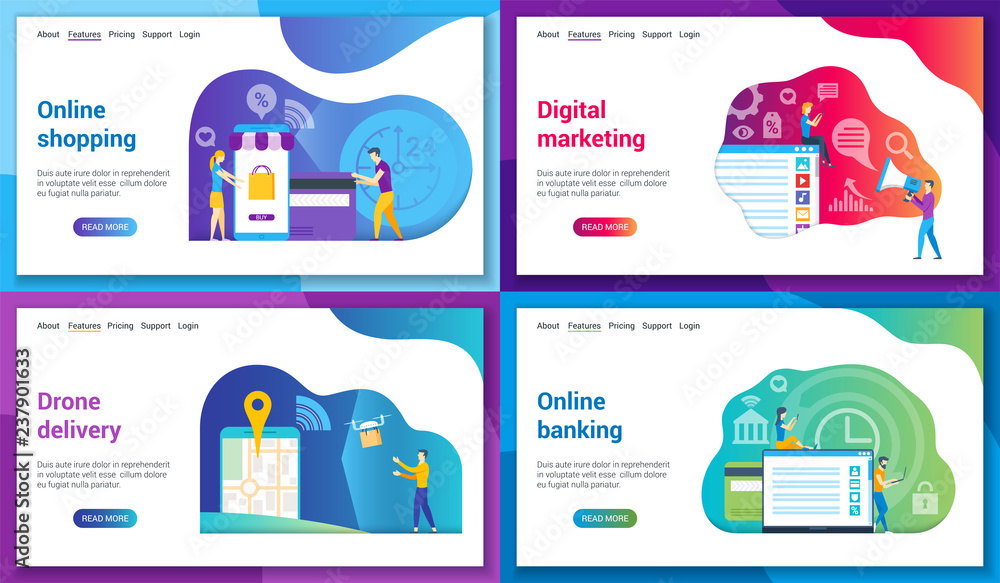 Set of modern landing page template for online shopping, digital marketing, online banking, drone delivery. Vector illustration mock-up for website and mobile website