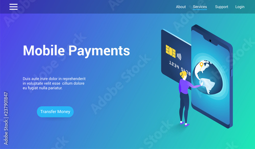 Isometric landing page template for mobile payments. Vector illustration mock-up for website and mobile website