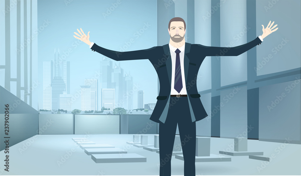 Successful businessman with wide open hands in the big office space. Winning, leading and success theme illustration. Business concept collection. Successful businessman with wide open hands in the big office space. Winning, leading and success theme illustration. Business concept collection.