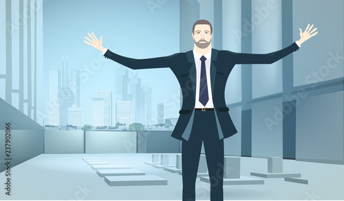 Successful businessman with wide open hands in the big office space. Winning, leading and success theme illustration. Business concept collection. © IRStone