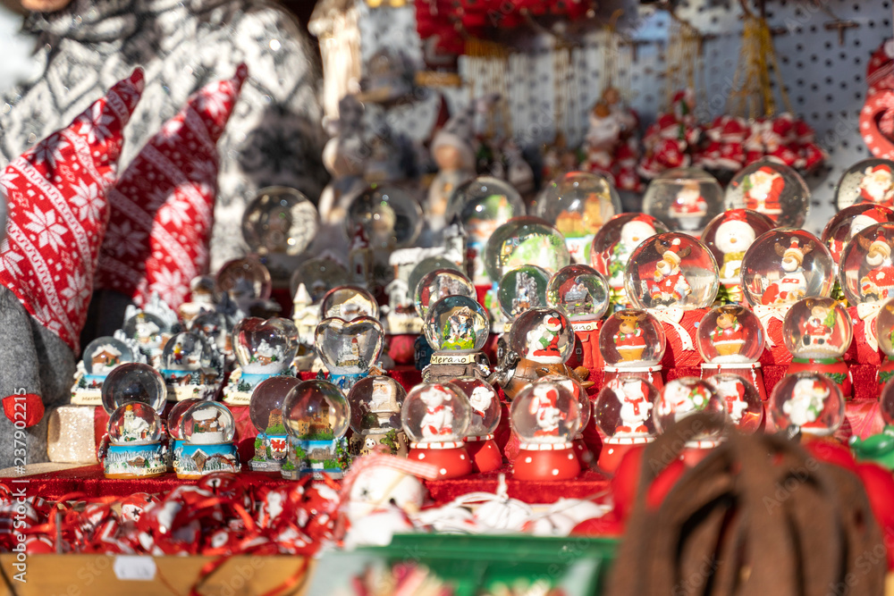 Christmas snow globe ball, on a christmas market booth in meran in South tyrol Italy