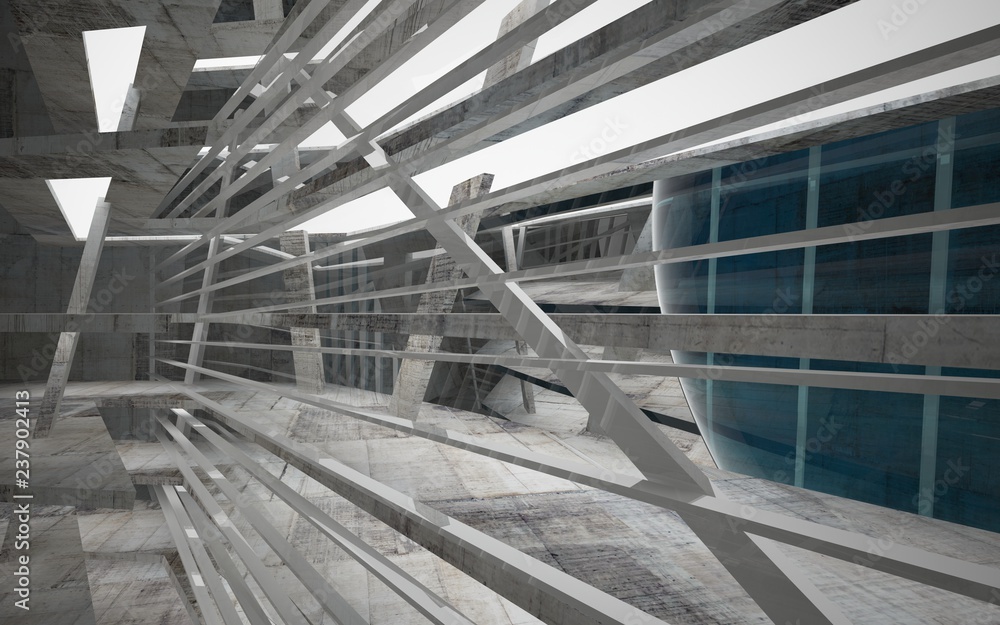 Empty dark abstract concrete room interior with blue glass. Architectural background. Night view of the illuminated. 3D illustration and rendering Empty dark abstract concrete room interior with blue glass. Architectural background. Night view of the illuminated. 3D illustration and rendering