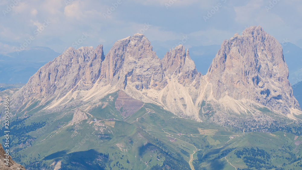 Amazing landscape at the Dolomites in Italy. View at Langkofel (Sassolungo) Group from Marmolada summit
