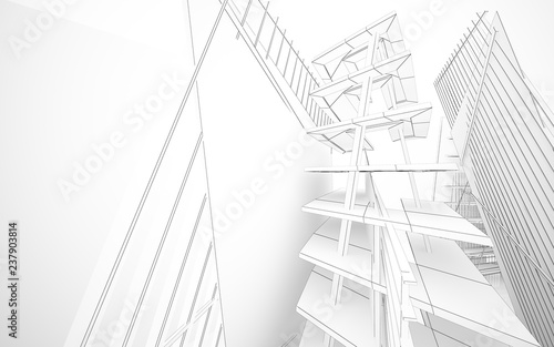 Abstract white interior highlights future. Polygon drawing . Architectural background. 3D illustration and rendering