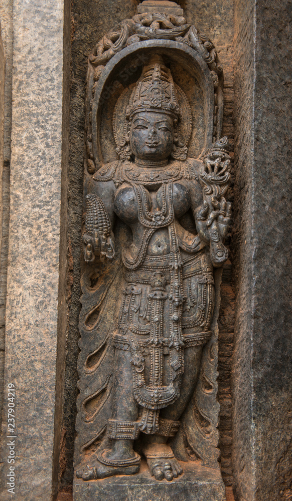 Artistic stone sculptures of Hindu Gods and Goddesses at Somanathapura Temple, Karnataka, India