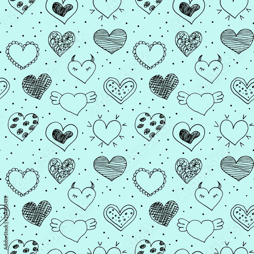 Seamless pattern with sketch hand drawn hearts.